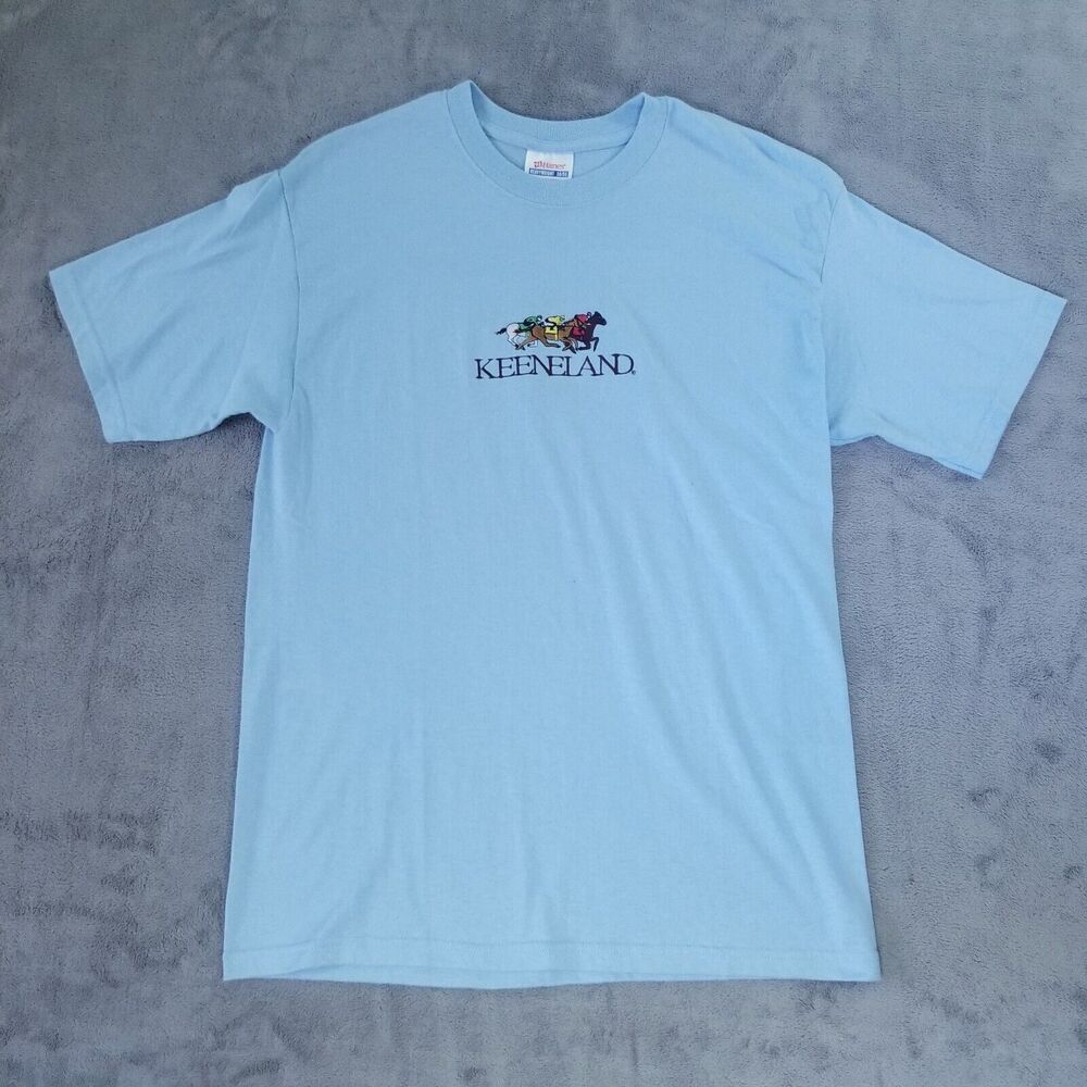 VINTAGE Keeneland TShirt Womens Blue Size Medium Embroidered Hanes Horse Racing